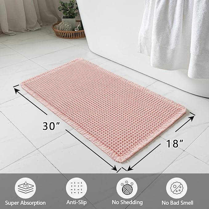 MIULEE Set of 2 Waffle Bathroom Rugs, Boho Bath Rugs Non Slip Washable, Super Absorbent Bath Mats, Ultra Soft Rubber Backed Shower Mats for Bathroom Floor, Tub and Shower, Pink, 18x30 Inch