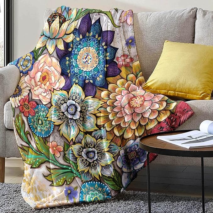 Neasow Floral Fleece Throw Blanket, Vibrant Color Boho Flowers Blossom Cozy Decor Throws for Sofa Bed Couch Chair or Dorm 68×90 inch