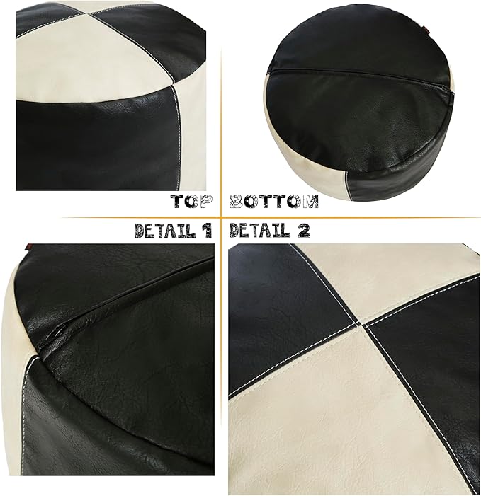 Thgonwid Unstuffed Faux Leather Pouf Cover, Handmade Footstool Ottoman Storage Solution, Floor Footrest Cushion - 16.5”Dx12”H, Black & White