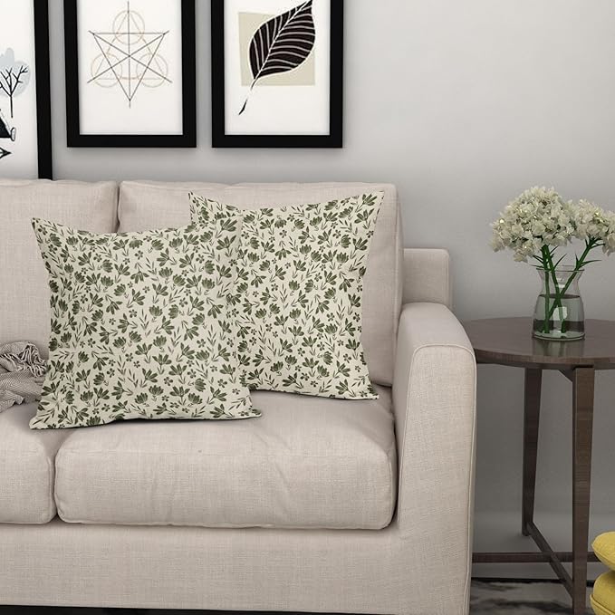 Olive Green Floral Pillow Covers 22x22 Set of 2 Vintage Rustic Old Style Cute Small Flower Green Cream Print Decorative Outdoor Pillowcases Farmhouse Throw Cushion Case Decor for Couch Sofa Bed