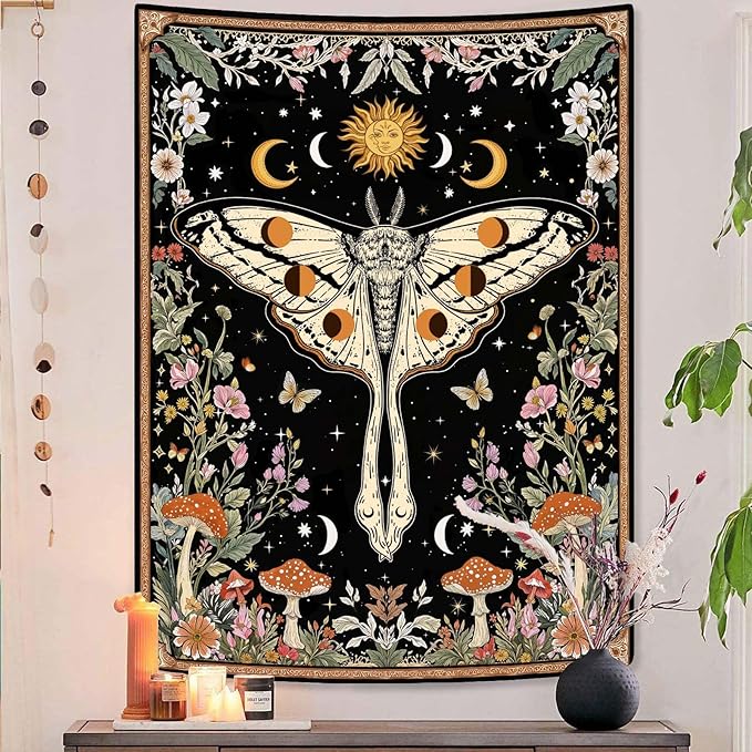 Aipon Boho Moth Tapestry Vintage Floral Flowers Tapestries Aesthetic Retro Mushroom Tapestries for Bedroom Sun and Moon Indie Small Tapestry Wall Hanging for Living Room Dorm 48 x 36 Inch
