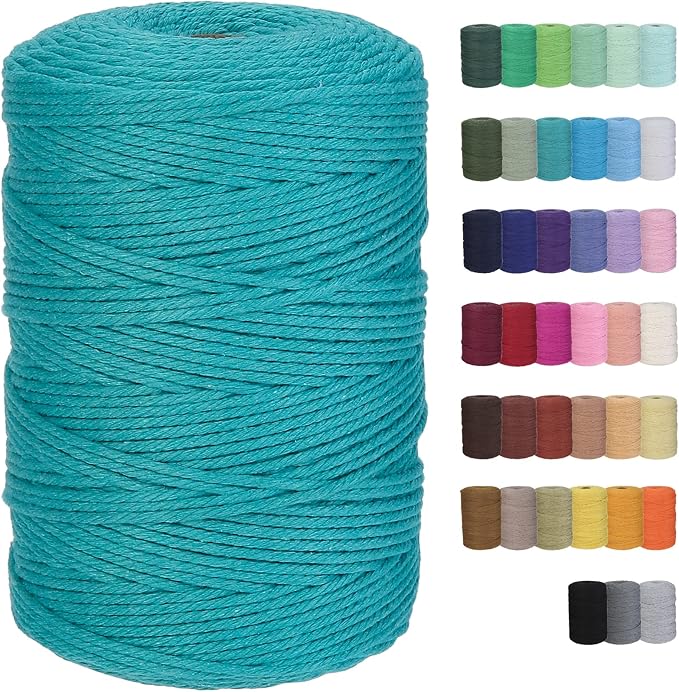 Cotton Macrame Cord 3mm 328yards Natural Colored Macrame Supplies, Soft Craft Cotton Rope for Plant Hanger Wall Hanger Dreamcatcher (Lake Green)