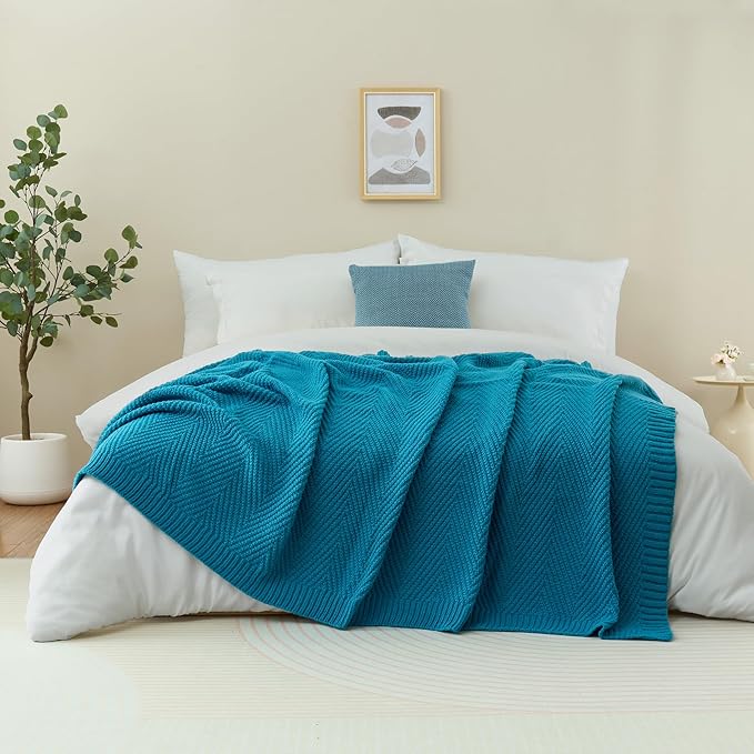 Knitted Throw Blanket 60"X80", Teal Knit Throws for Bed, Super Soft Boho Chevron Blankets for Couch Sofa Chair Room Decor, Textured Decorative Farmhouse Cozy Lightweight