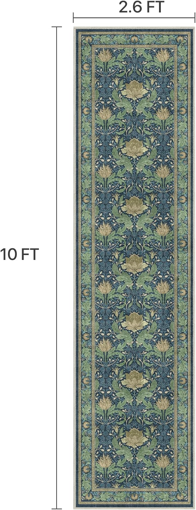 Bavni 2'6''x10 Runner Rug,Microfiber Washable Non-Slip Vintage Floral Rugs,Low Pile Lightweight Carpet for Bedroom,Hallway,Entryway,Kitchen,Bathroom, Tea Green/Blue