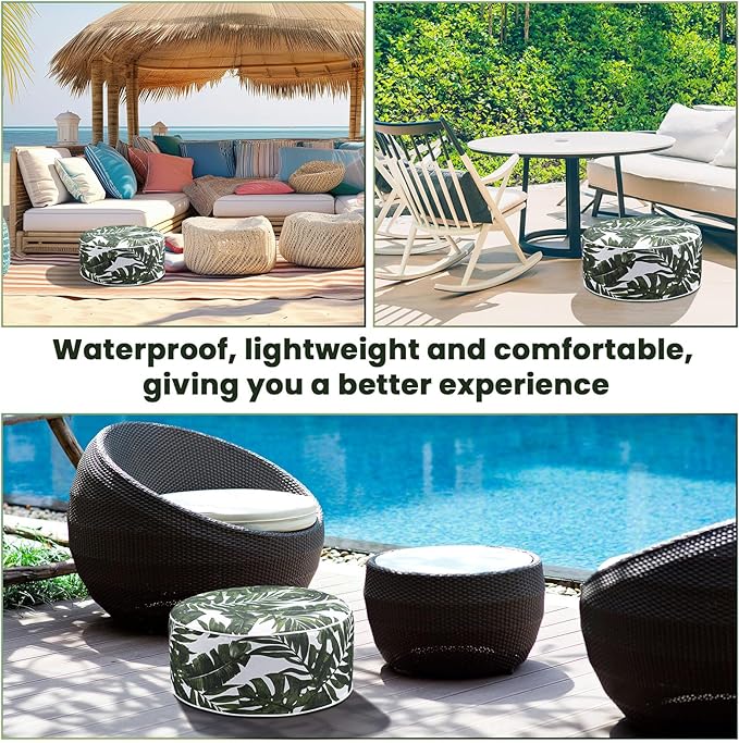 Outdoor Inflatable Ottoman Waterproof Pouf Ottoman with Handle D21 x H9, Water Repellent Portable Footstool for Patio Garden Camping or Home(Leaf)