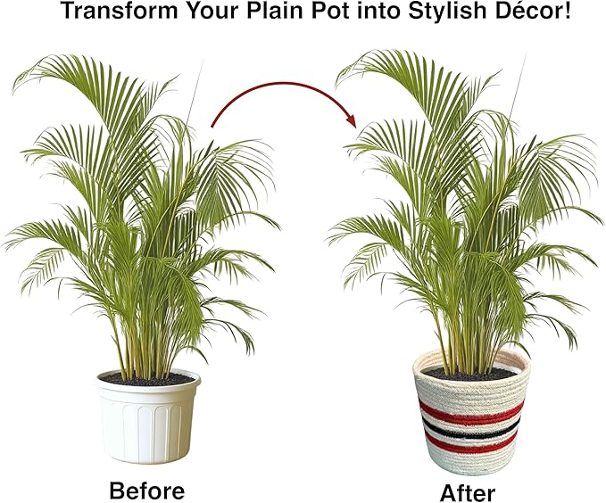 Plant Basket Set of 5, Handwoven Jute Planter Baskets for Indoor Plants, Home Decor and Nursery, Woven Rope Baskets, 5 to 8 Inch, White with Red and Black Stripes