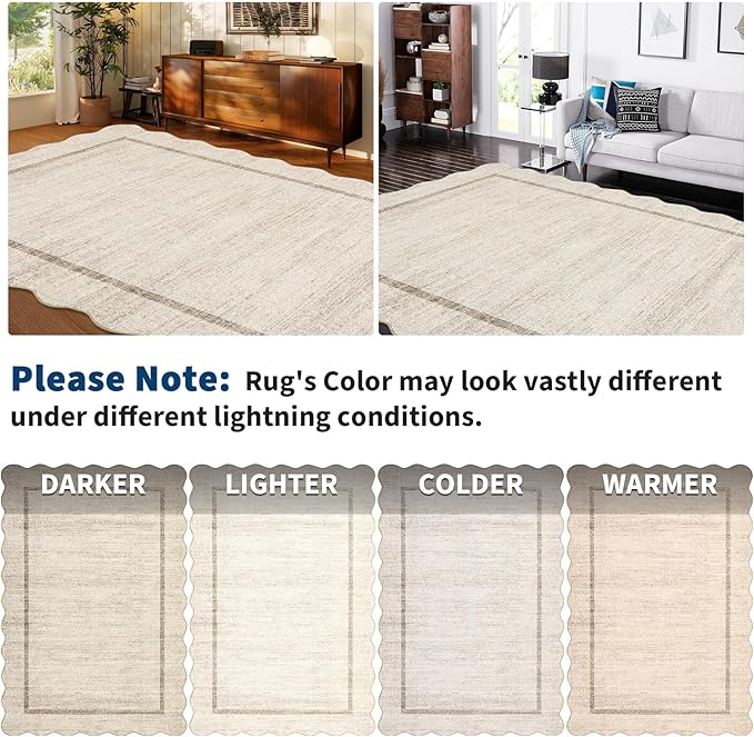 GarveeHome Scalloped Round Washable Rug, Soft Modern Round Rugs 5 ft Circle Carpets for Bedroom Ultra-Thin, Boho Beige Print Distressed Circular Carpet for Living Room Dorm Bedside, Beige