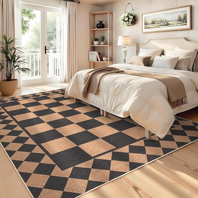 GarveeHome Easy Jute Rug 8x10 Washable Rugs for Living Room Bedroom Checkered Outdoor Rug for Patio Non-Slip No Shed Jute Rugs Geometric Carpet for Farmhouse Dining Room Backyard, Black Brown