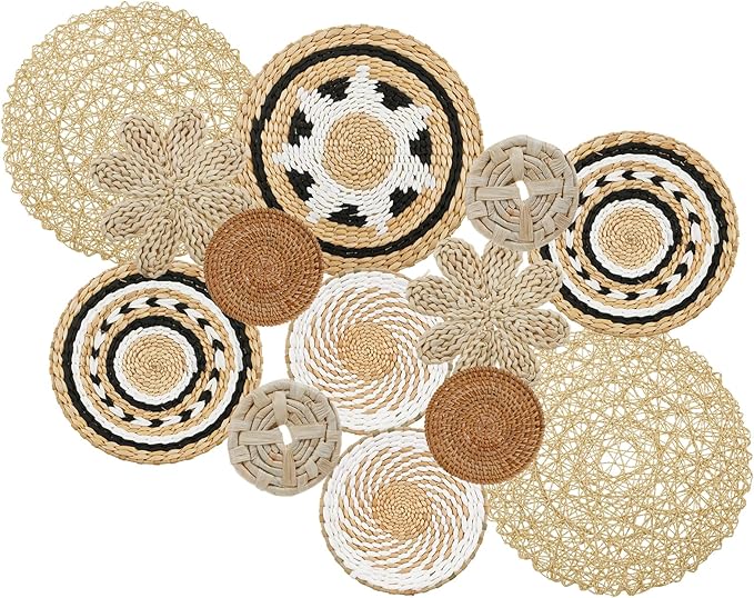 13 Pack Boho Wall Basket Decor Set, Hanging Woven Seagrass Rattan Wicker Boho Wall Decor, Round Farmhouse Wall Hanging Baskets Rustic Flat Wall Art for Living Room Bedroom Kitchen (Style 10)