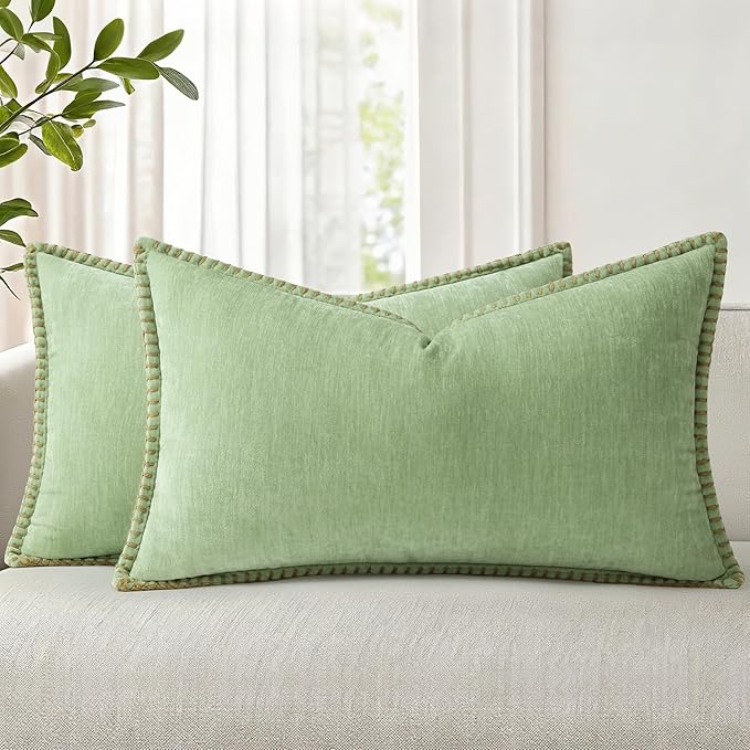 decorUhome Summer Chenille Soft Cozy Throw Pillow Covers 12x20 Set of 2, Modern Farmhouse Boho Velvet Decorative Pillow Cases with Stitched Edge for Couch Sofa Bed Home Decor, Sage Green