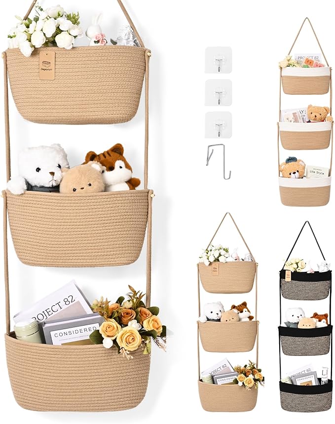 Hanging Basket, 3-Tier Wall Baskets, Over the Door Organizer with 4 Hooks, Hanging Baskets for Organizing, Woven Storage Basket Behind the Door for Nursery, Bedroom, Living Room, Kitchen