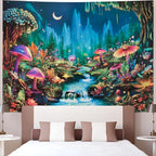 Heopapin Blacklight Tapestry Fantasy Moonlight Mountain Forest Landscape Tapestry UV Reactive Trippy Mushroom Flower Tapestries Mysterious Jungle Neon Plants Wall Hanging for Room L92×W70