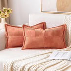 MIULEE Decorative Lumbar Throw Pillow Covers for Couch Bed Livingroom 12x20 Inch Set of 2 Coral Red Boho Accent Throw Pllows Broadside Striped Patchwork Soft Corduroy Summer Pillowcases