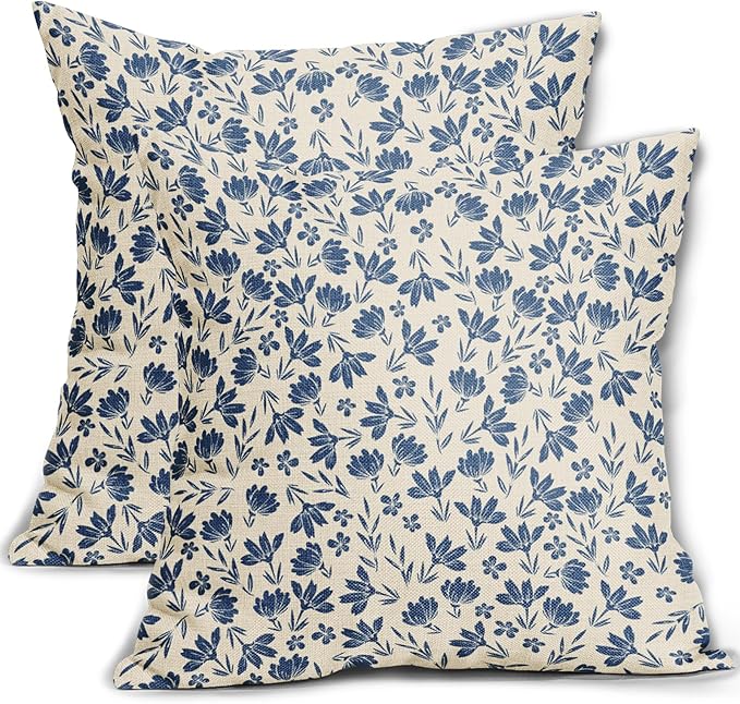 Blue Floral Pillow Covers 16x16 Set of 2 Vintage Rustic Old Style Cute Small Flower Blue Cream Print Decorative Outdoor Pillowcases Farmhouse Throw Cushion Case Decor for Couch Sofa Bed