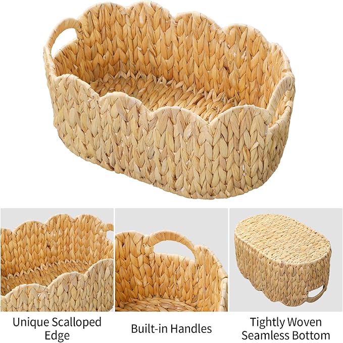 Scalloped Basket Set of 2,Water Hyacinth Basket for Organizing and Decor,Hand-Woven Wicker Storage Baskets with Built-In Handles for Nursery,Gift,Laundry