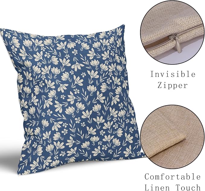 Blue Pillow Covers 20x20 Set of 2 Vintage Floral Rustic Old Style Cute Flower Print Decorative Outdoor Pillowcases Seasonal Farmhouse Throw Cushion Case Decor for Couch Sofa Bed