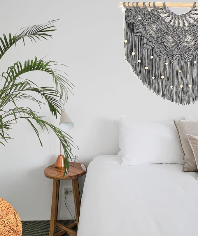Youngeast Large Macrame Wall Hanging Boho Beaded Curtain for Window Macrame Bedroom Headboard Living Room Wall Art Tassel Tapestry Bohemian Woven Wall Decor 31" W X 25" H (Grey)