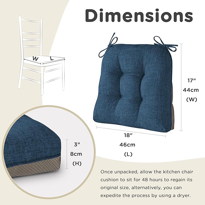 AddGrace Chair Cushions for Dining Chairs Set of 2 Kitchen Seat Cushions with Ties and Non Slip Backing Tufted Indoor Seat Pad for Kitchen Dining Room 18" x 17" x 3" Navy