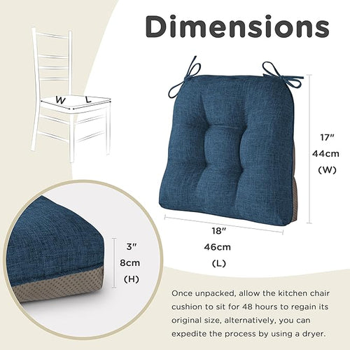 AddGrace Chair Cushions for Dining Chairs Set of 4 Kitchen Seat Cushions with Ties and Non Slip Backing Tufted Indoor Seat Pad for Kitchen Dining Room 18" x 17" x 3" Navy