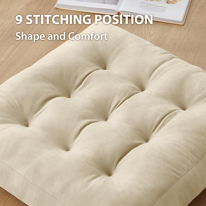 Meditation Floor Pillow Set of 4, Square Large Pillows Seating for Adults, Meditation Cushion Pillow,Tufted Corduroy Cushion for Tatami Living Room or Yoga, Beige, 22x22 Inch