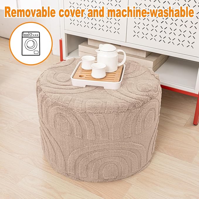 Asuprui Round Ottoman Pouf Ottoman Foot Stool Seat Faux Fur Bean Bag Foot Rest Floor Chair Leg Rest for Living Room, Bedroom or Wedding Gifts 20x20x14 Inches (Khaki)