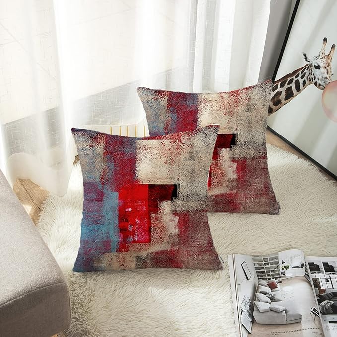 Emvency Set of 2 Red Brown and Gray Throw Pillow Covers Modern Abstract Painting Decorative Pillow Cases Home Decor Standard Square 20x20 Inches Pillowcases