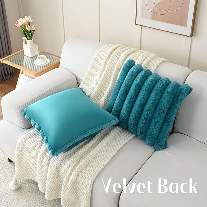 FUTEI Teal Decorative Throw Pillow Covers 24x24 Inch Set of 2, Square Soft Faux Rabbit Fur Thick Striped European Cushion Covers,Spring Home Decor for Couch Bed Living Room