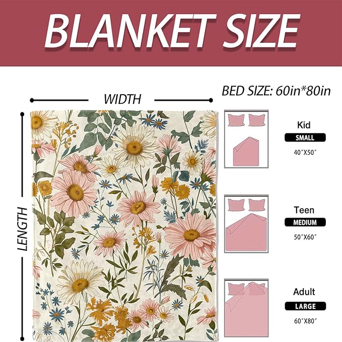 Daisy Wildflower Blanket 40×50 Inch,Vintage Botanical Floral Lightweight Flannel Throw with Soft Pink, Yellow and Blue Background,Cottagecore Garden Home Decor,Gifts for Girls,Women