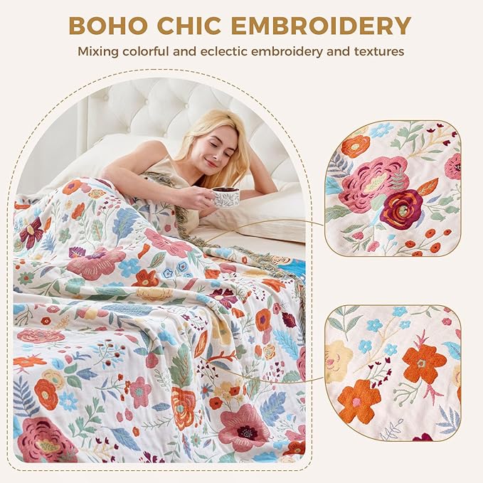 Boho Throw Blanket for Bed Cotton Spring Blankets Twin Size for Bedroom Living Room All Season Lightweight Floral Embroidery Quilt for Couch Sofa Chair 60"x80"
