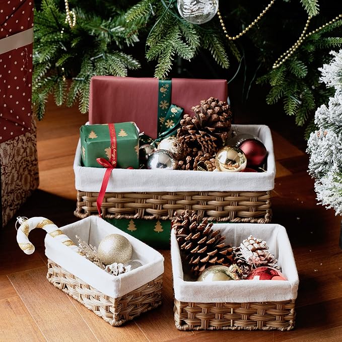 FairyHaus Wicker Baskets for Organizing, Waterproof Rectangle Small Storage Basket for Shelves, Nesting Lined Set of 3, Rustic Brown
