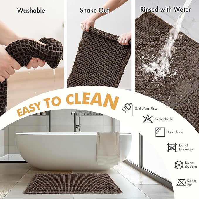 MIULEE Set of 2 Waffle Bathroom Rugs, Boho Bath Rugs Non Slip Washable, Super Absorbent Bath Mats, Ultra Soft Rubber Backed Shower Mats for Bathroom Floor, Tub and Shower, Chocolate, 18x30 Inch
