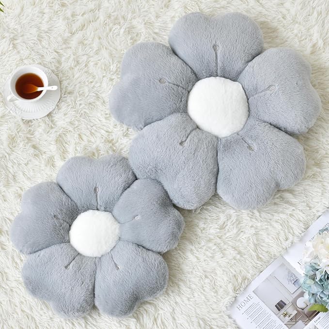 Flower Pillow, Flower Shaped Pillow Decorative Throw Pillows for Bed Couch, Cute Daisy Pillow Dorm Decor Floor Seating Cushion (Grey, 15 Inches)