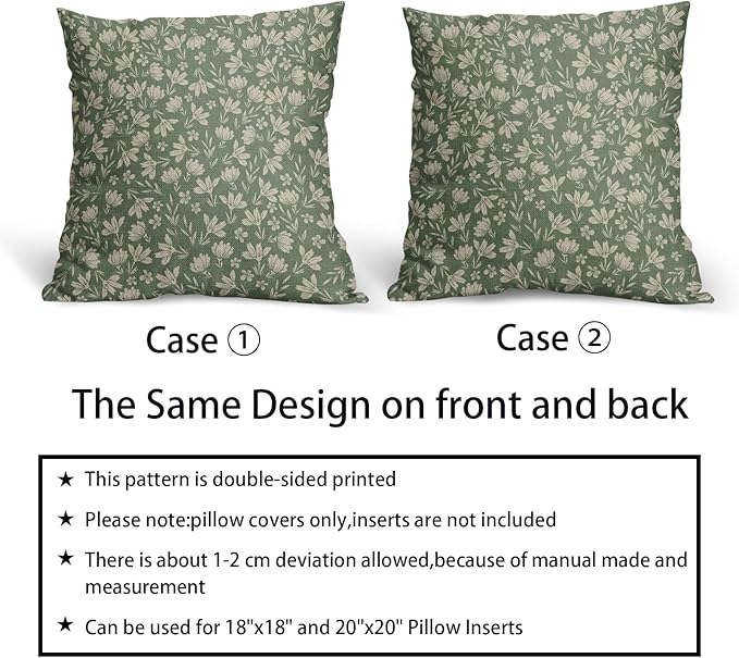 Spring Sage Green Pillow Covers 20x20 Set of 2 Vintage Floral Rustic Old Style Cute Flower Print Decorative Outdoor Pillowcases Seasonal Farmhouse Throw Cushion Case Decor for Couch Sofa Bed