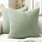 Softalker Throw Pillow Covers 16x16 Inch, Set of 2, Soft Corduroy Boho Stripe Decorative Pillow Cover, Couch Fluffy Pillow Cover for Farmhouse Home Decor Bed Living Room, Sage Green