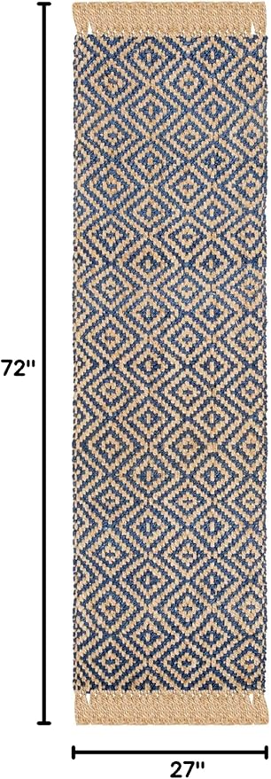 SAFAVIEH Natural Fiber Collection Runner Rug - 2'3" x 6', Tropical Blue & Natural, Handmade Boho Diamond Tassel Jute, Ideal for High Traffic Areas in Living Room, Bedroom (NF266D)
