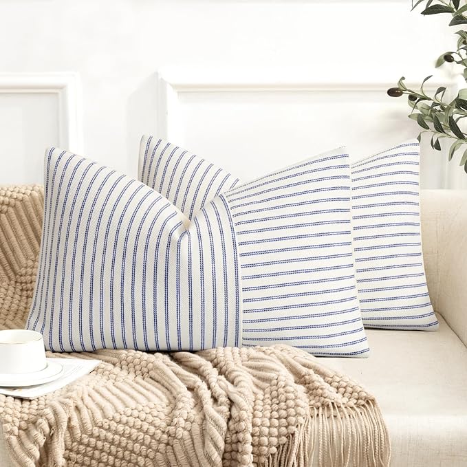 YCOLL Farmhouse Pillow Covers 12x20, Modern Accent Lumbar Throw Pillow Covers Set of 2, Blue and Beige Striped Patchwork Linen Decorative Pillows Cushion Covers for Couch Chair Bedroom Home Decor