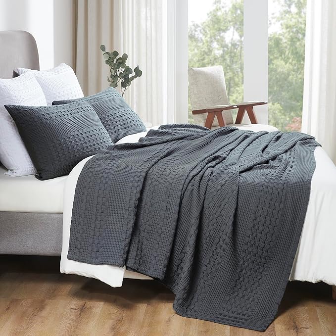 VHC Brands 100% Cotton Waffle Weave King Blanket 108"x90", Decorative Lightweight Spring and Summer Throw Blanket, Bedroom Decor for Bed, Couch, or Sofa, Dark Grey