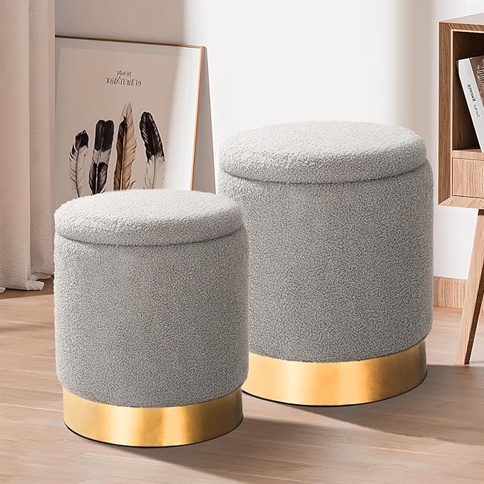 Sherpa Round Ottoman Set of 2 with Storage, 12 Gallon Hidden Storage Ottoman, Multi-Functional Footrest Stool, Vanity Seat, Coffee Table, No Assembly Required, Holds 300lbs (Gray)