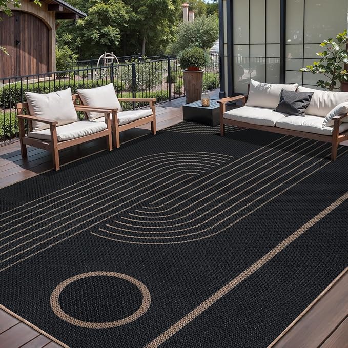Tangsoo Modern Easy Jute Rug 6x9 Washable Area Rugs for Living Room,Black Non Slip Rubber Backing Indoor Outdoor Carpet,Farmhouse Large Throw Mat for Balcony Backyard Dining Room Home Office Decor