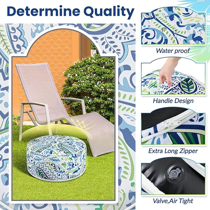 Outdoor Inflatable Ottoman Waterproof Pouf Ottoman with Handle D21 x H9, Water Repellent Portable Footstool for Patio Garden Camping or Home(Paisley)