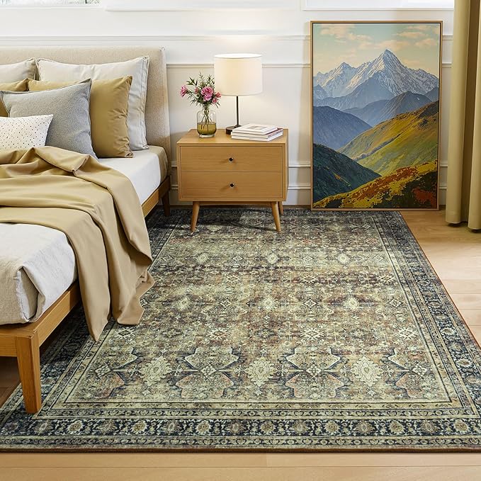 Lessymo 5x7 Washable Area Rug with Non Slip Backing,Soft Boho Indoor Carpets for Living Room Bedroom Nursery, Kid and Pet Friendly, Dark Brow