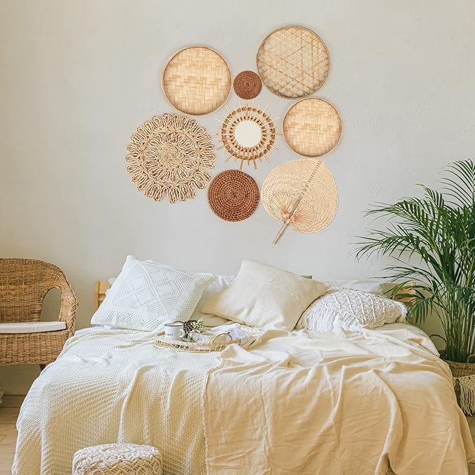 Unittype Wall Basket Decor Set of 8 Boho Wicker Wall Handmade Decor with Rattan Mirror Farmhouse Woven Hanging Basket for Bathroom Bedroom Living Room