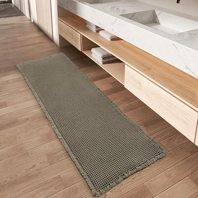 Upgraded Christmas Waffle Runner Rug Super Absorbent Non Slip Bath Mats for Bathroom Floor Washable Bathroom Runner Rug with Tassels, Ideal for Hallway Bedroom Laundry Room, Green, 2' x 5'(24" x 60")