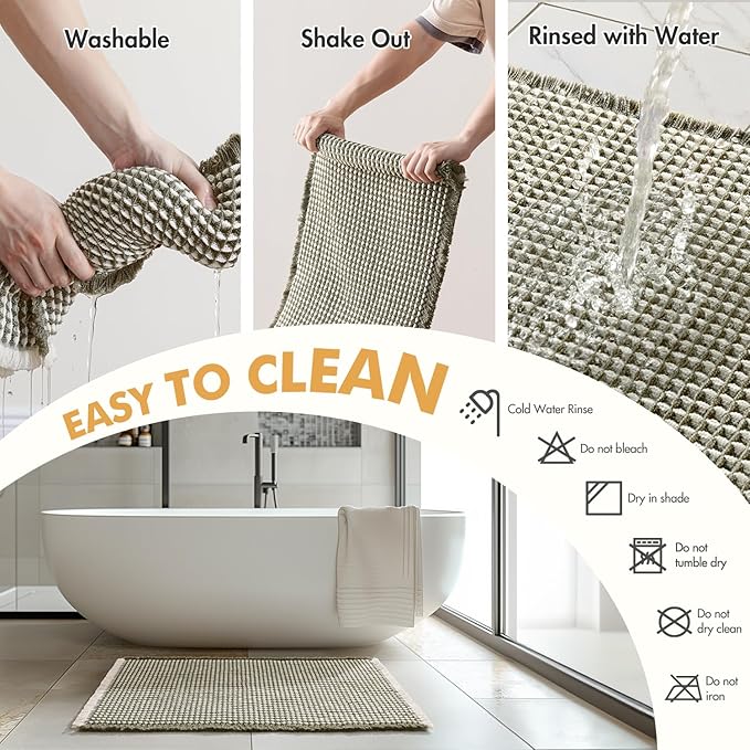 MIULEE Set of 2 Waffle Bathroom Rugs, Boho Bath Rugs Non Slip Washable, Super Absorbent Bath Mats, Ultra Soft Rubber Backed Shower Mats for Bathroom Floor, Tub, Green & Cream, 18x30 Inch