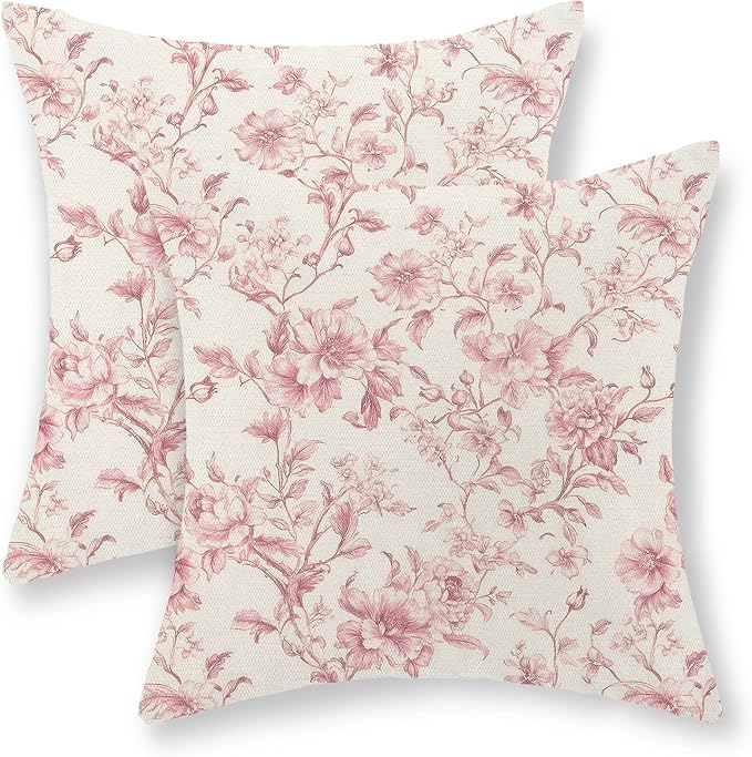 Pink Pillow Covers 18x18 Set of 2 Pink and Cream Floral Chinoiserie Throw Pillows Vintage Rustic Toile Flower Decorative Pillowcase Outdoor Chinoiserie Decor Linen Cushion Case for Couch Sofa