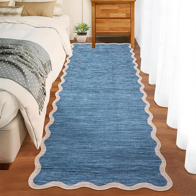 GarveeHome Scalloped Washable Runner Rugs 2x6 Rug Runner Modern Non Slip Kitchen Rugs Indoor Entryway Rug Farmhouse Soft Bath Mat Stain Resistant Carpet for Bedroom Hallway Laundry 2 ft x6 ft Blue