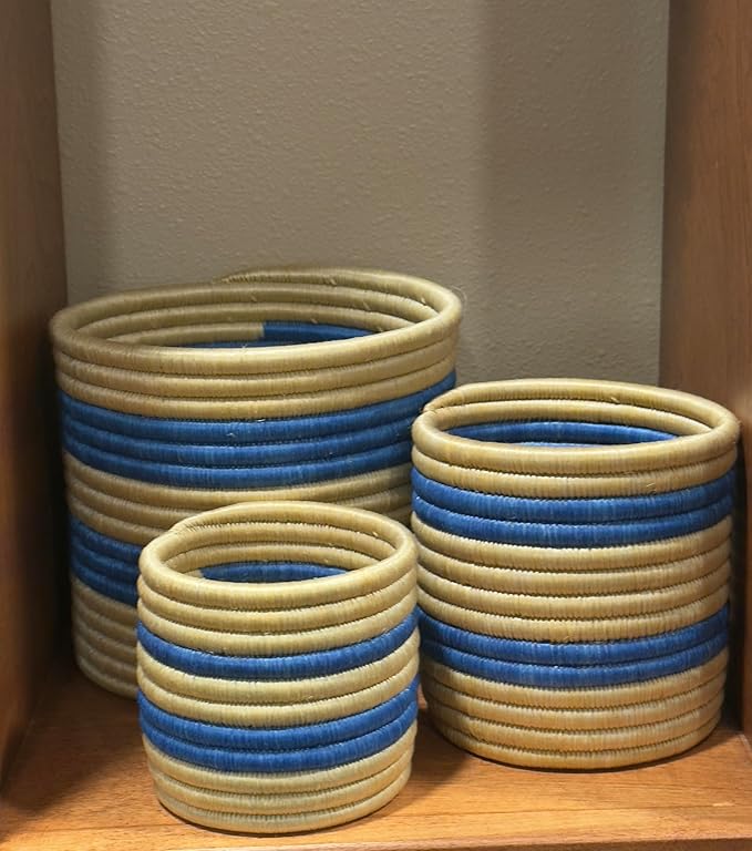 African Planter Baskets Sets of 3 Woven Sisal Baskets for Indoor Plant Pots Covers Home Decor Storage Organizer Gifts Zen Designs Arts and Crafts (Blue and Tan Stripe)