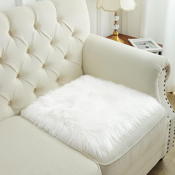 Softlife White Faux Fur Sheepskin Chair Cover 4 PCs Seat Cushion Pad Super Soft Area Rugs for Living Bedroom Sofa Dorm (1.6ft x 1.6ft)