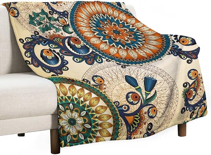 Bohemian Flower Throw Blanket Boho Mandala Floral Flowers Print Pattern Blanket for Sofa Bed Couch Chair Or Dorm 70"x80"