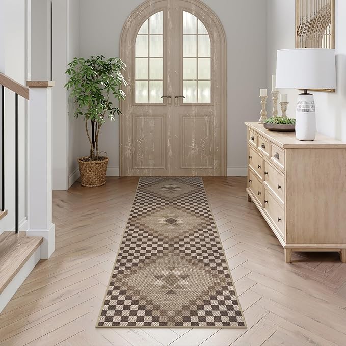 LIVEBOX Washable Easy Jute Rug Runners 2x6 for Entryway, Non Skid Kitchen Runner Rugs for Indoor Outdoor Entrance, Checkered Brown Hallway Rug Runner for Laundry Room Bedroom